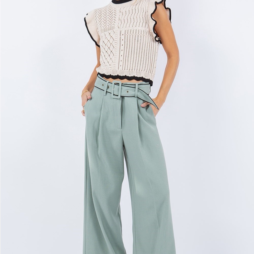 High-Waist Wide Leg Belted Pants - Mint Green